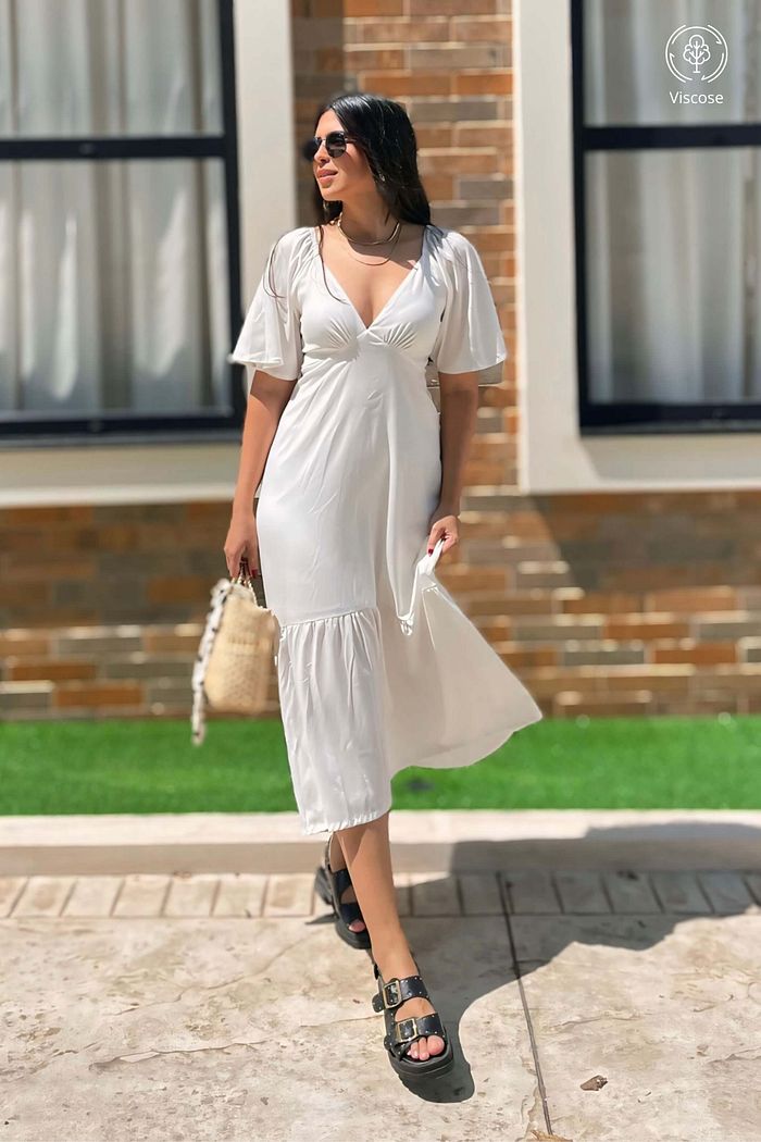 Vestido Midi Manga Curta Decote V Viscose Brisi Off White