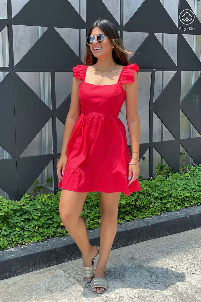 Vestido Curto de Alças Tricoline Algodão Katerini Vermelho