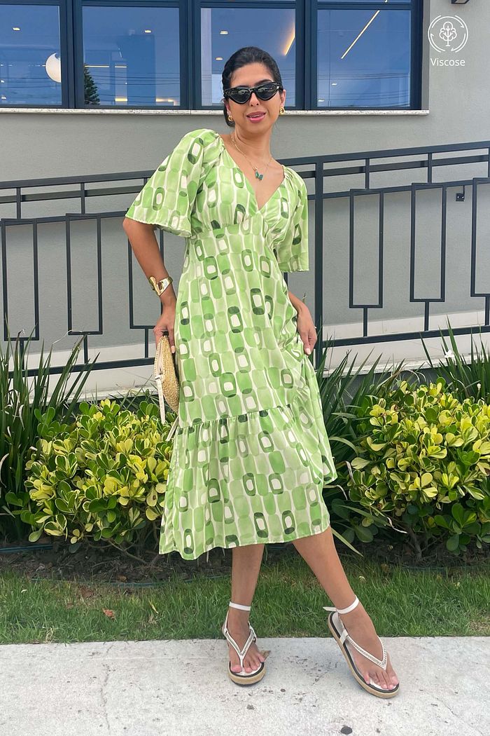 Vestido Midi Manga Curta Decote V Viscose Brisi Abstrato Verde