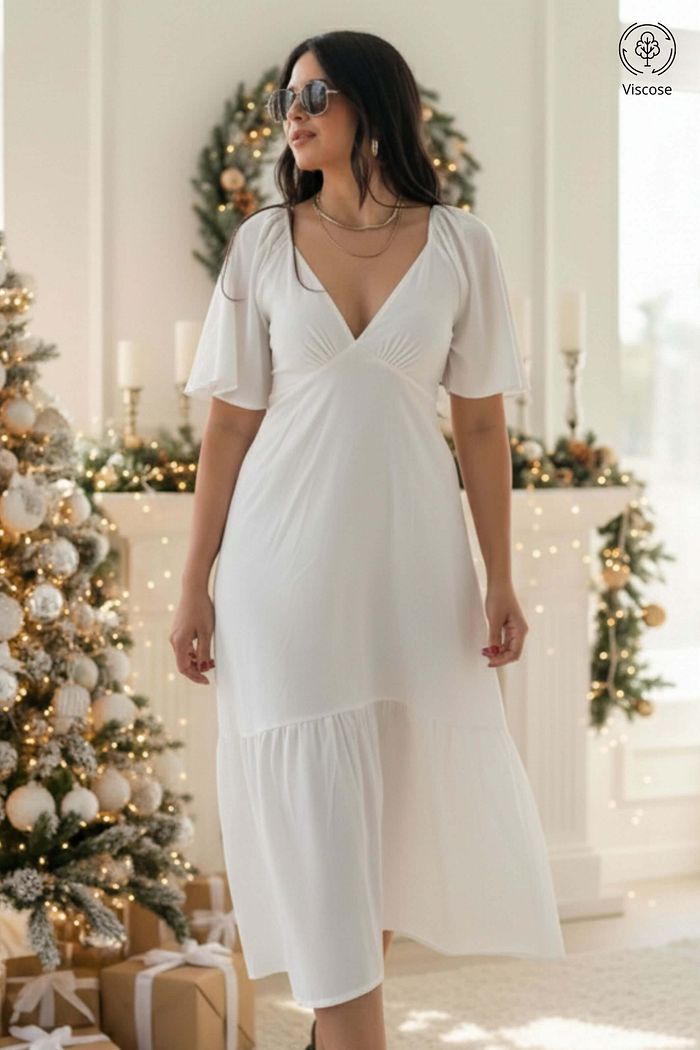 Vestido Midi Manga Curta Decote V Viscose Brisi Off White