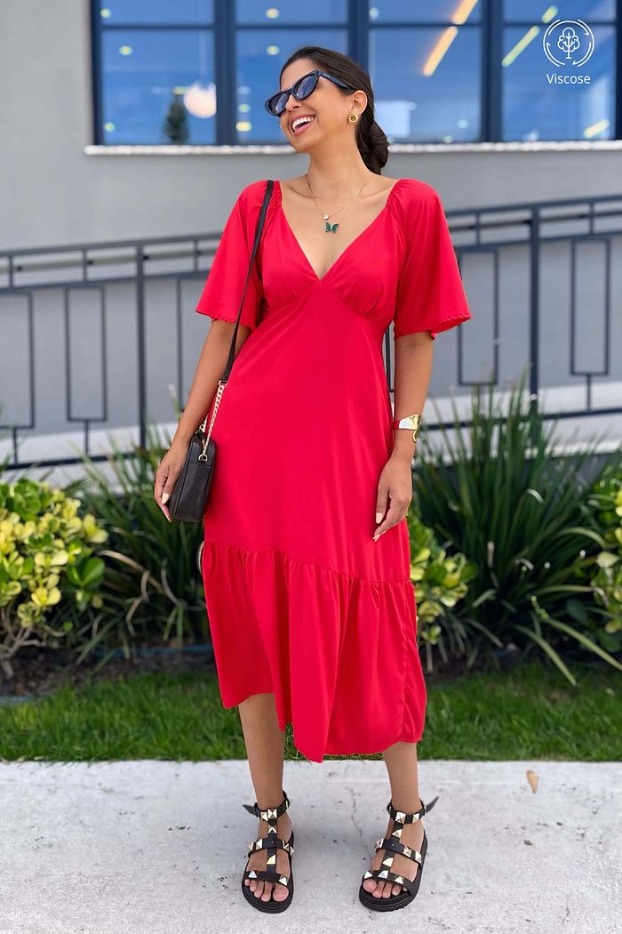 Vestido Midi Manga Curta Decote V Viscose Brisi Vermelho
