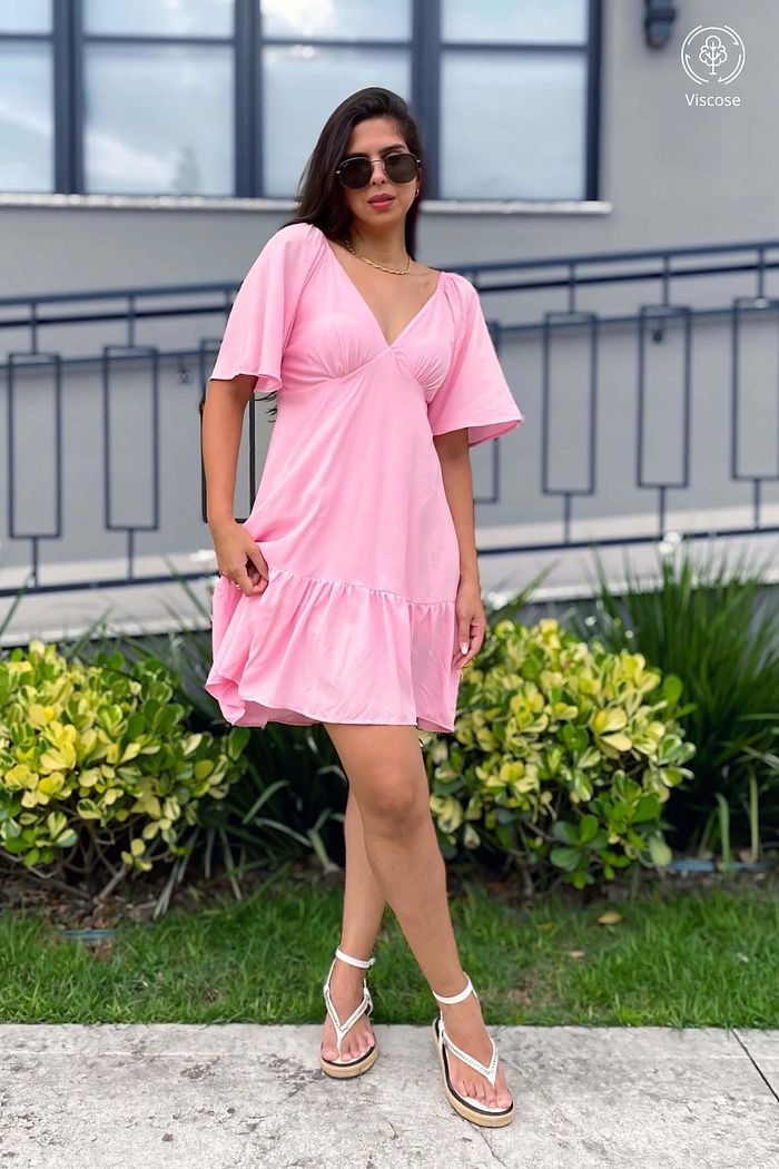 Vestido Curto Manga Curta  Decote V Viscose Lumi Rosa