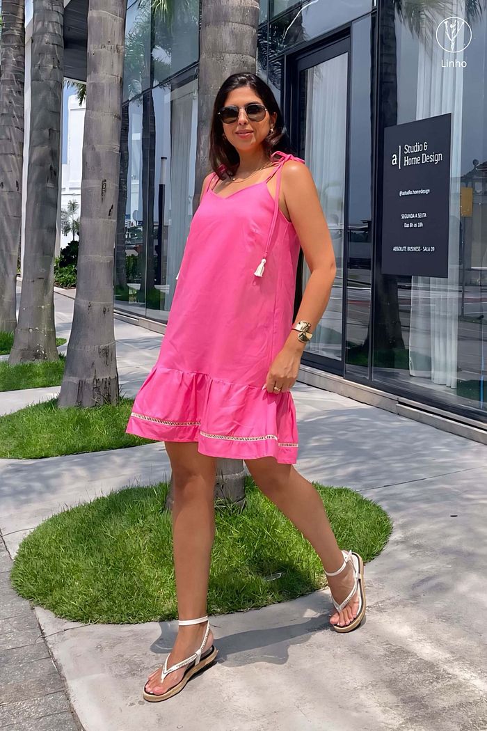Vestido Curto de Alças Barra Guipir Linho Firenze Rosa