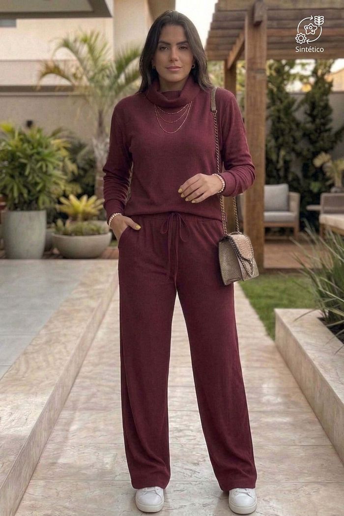 Conjunto Feminino Calça Wide Leg Blusa Manga Longa Sintético Berlim - Vinho