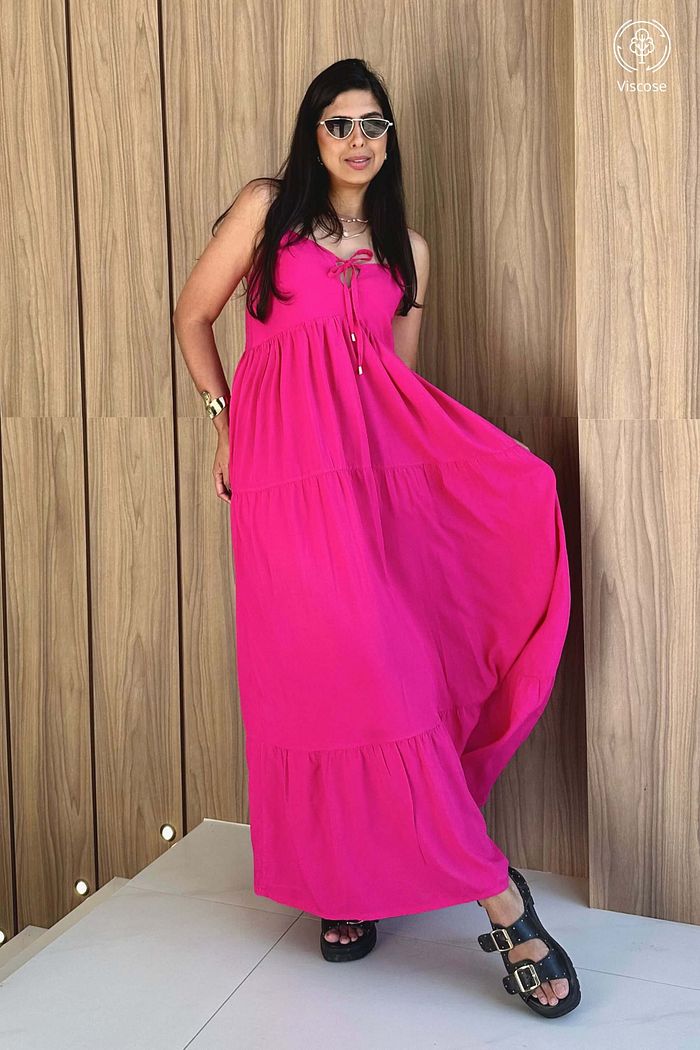 Vestido Longo de Alcas Viscose Luminar Pink