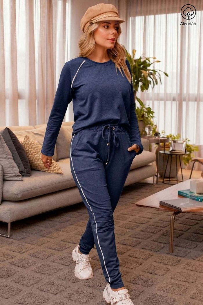 Conjunto Feminino Moletinho Blusa Calça City Azul Marinho