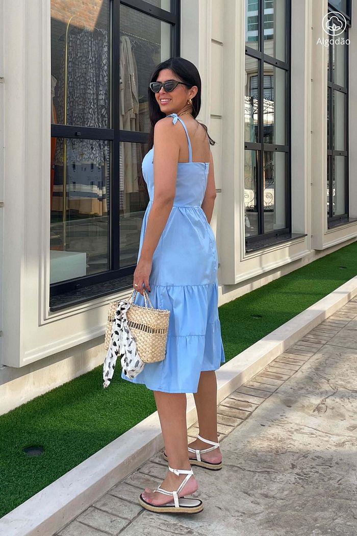 Vestido Midi Camadas De Alças Tricoline Algodão Athenas Azul Claro