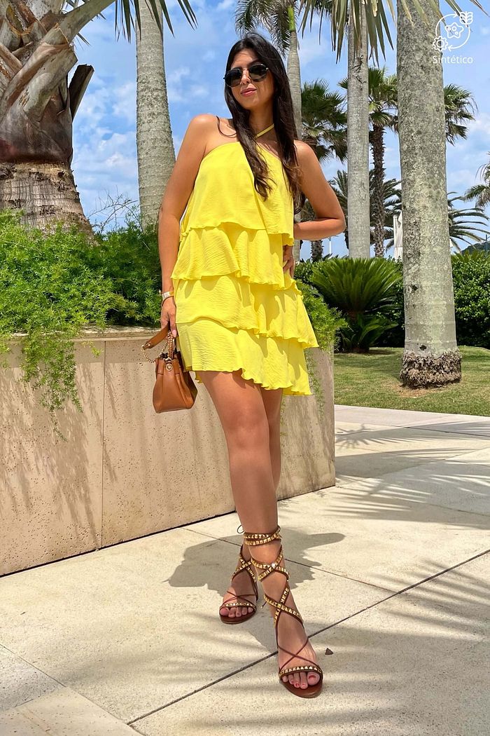 Vestido Curto Quatro Camadas Babado Ombros De Fora Alca Wave Amarelo