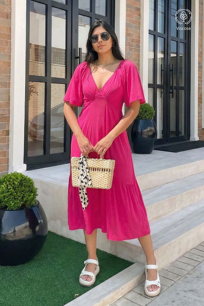 Vestido Midi Manga Curta Decote V Viscose Brisi Pink