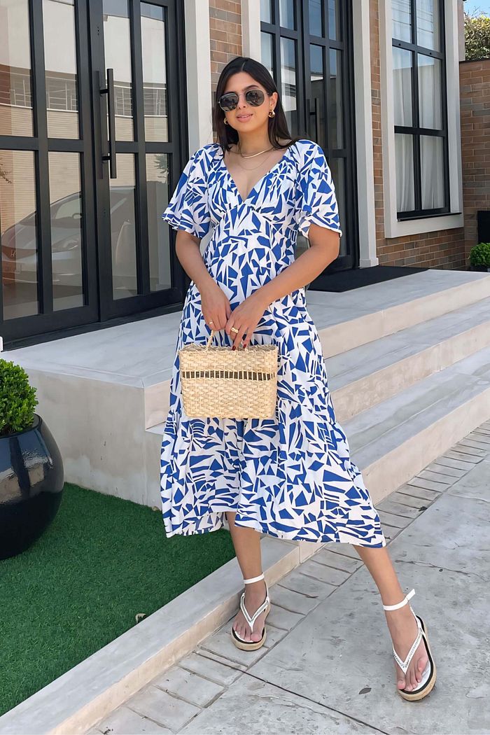 Vestido Midi Manga Curta Decote V Viscose Brisi Abstrato Azul