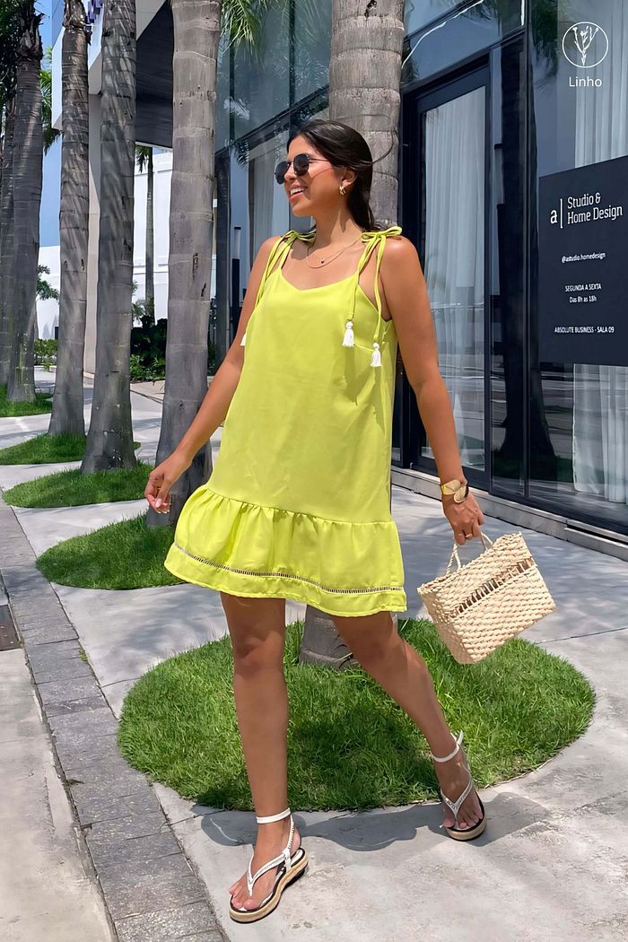 Vestido Curto de Alças Barra Guipir Linho Firenze Lima