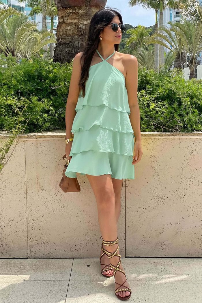 Vestido Curto Quatro Camadas Babado Ombros De Fora Alca Wave Verde Menta