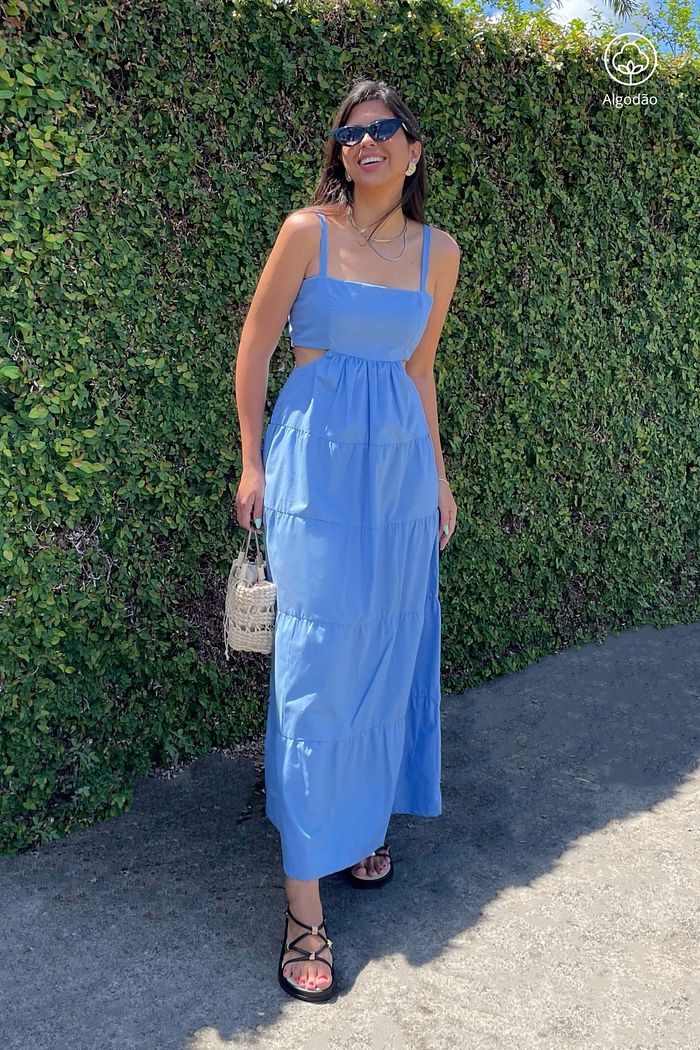Vestido Longo Alcas Camadas Recorte Lateral Tricoline Algodao Petra Azul Claro