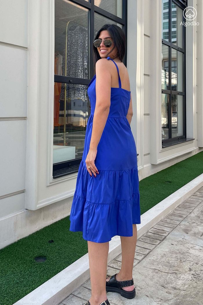 Vestido Midi Camadas De Alças Tricoline Algodão Athenas Azul Klein