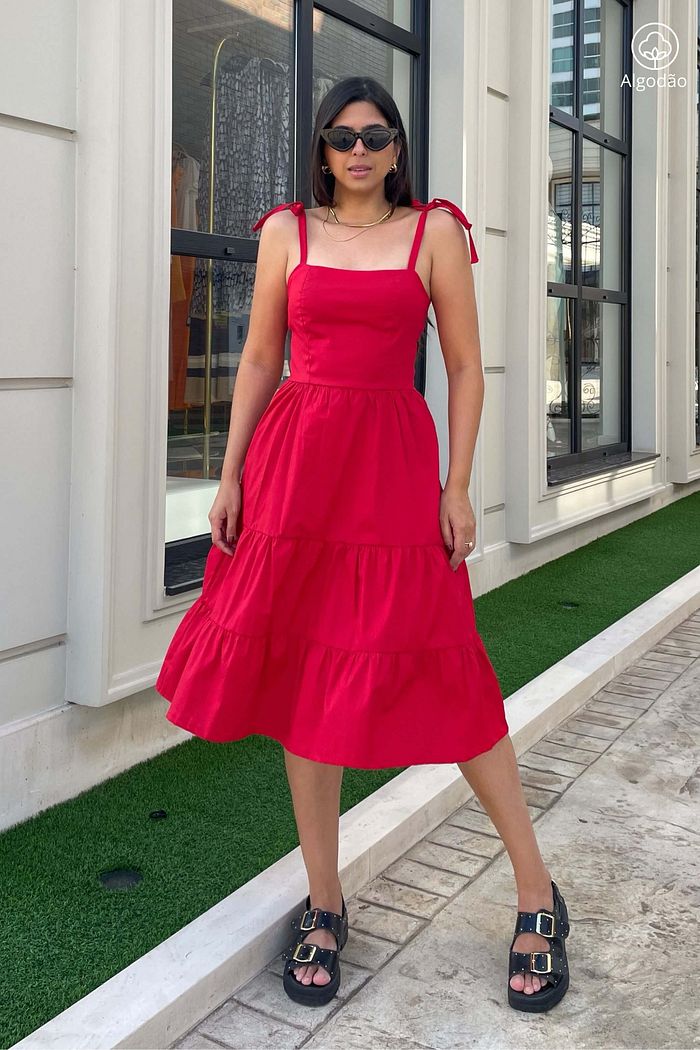 Vestido Midi Camadas De Alças Tricoline Algodão Athenas Vermelho