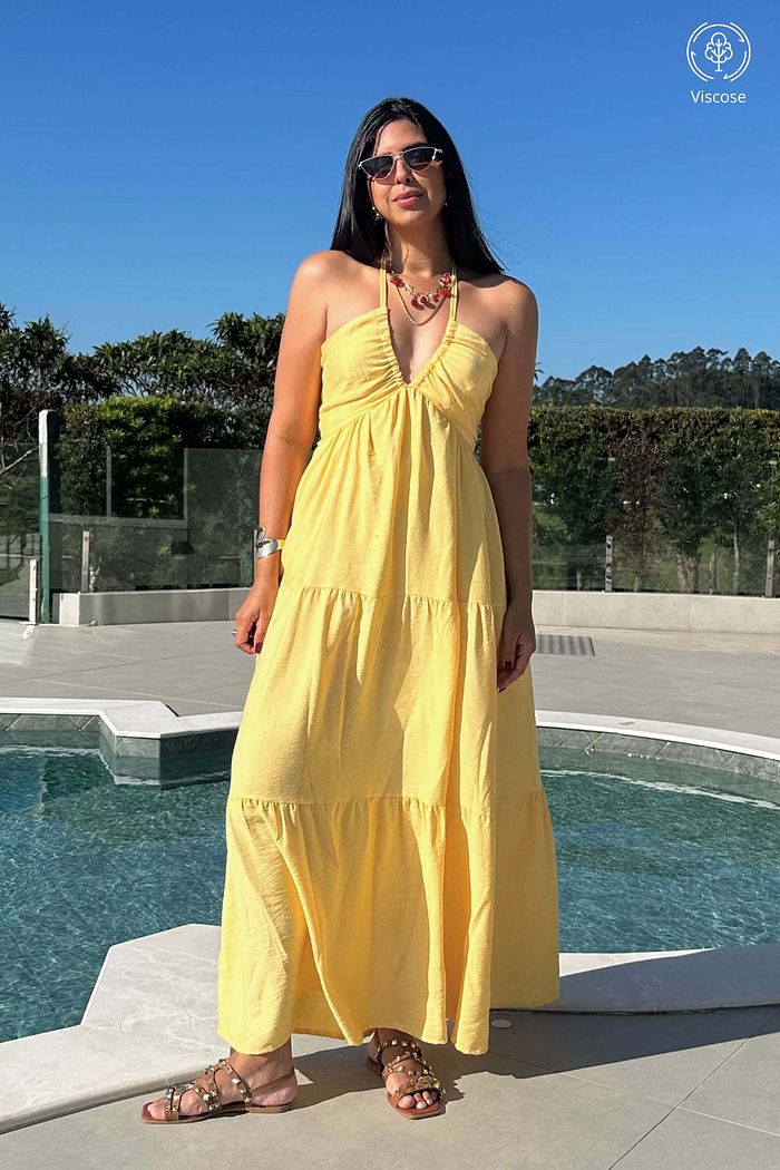 Vestido Longo de Alcas Decote V Viscose Solar Amarelo Claro