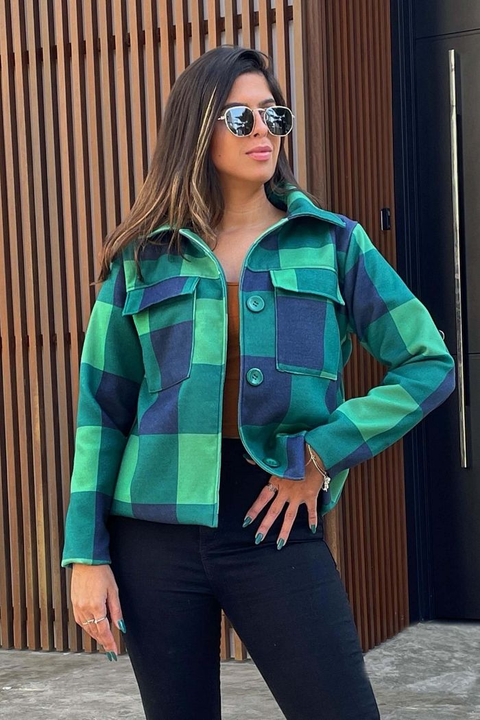 Casaco Feminino de Lã Batida Manga Longa Xadrez Zurique Verde