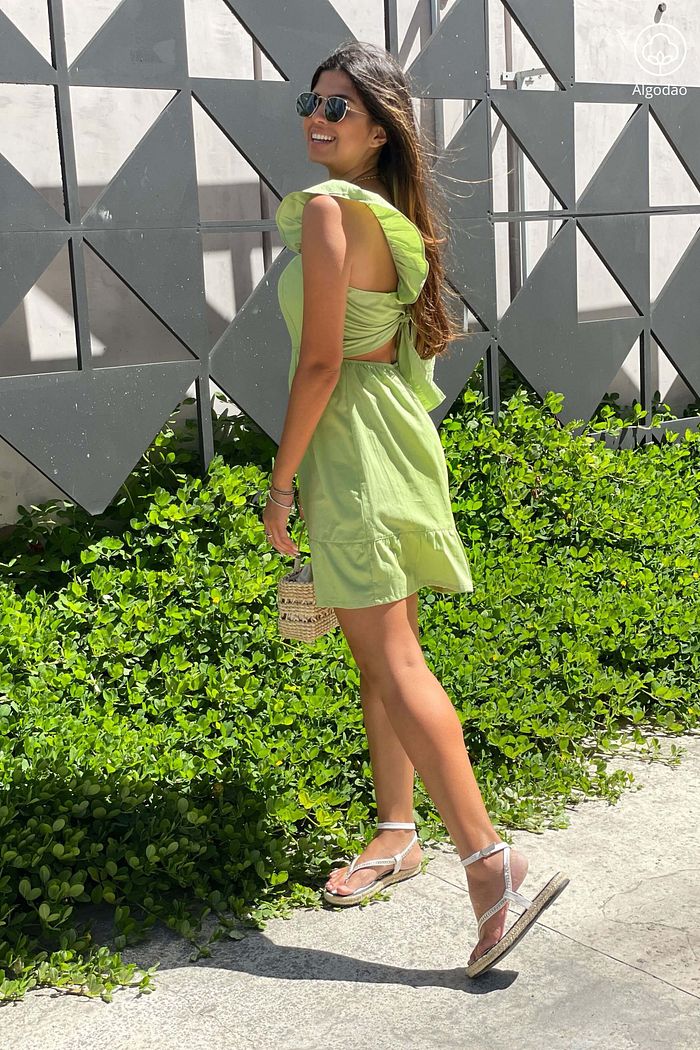 Vestido Curto de Alças Tricoline Algodão Katerini Verde Claro