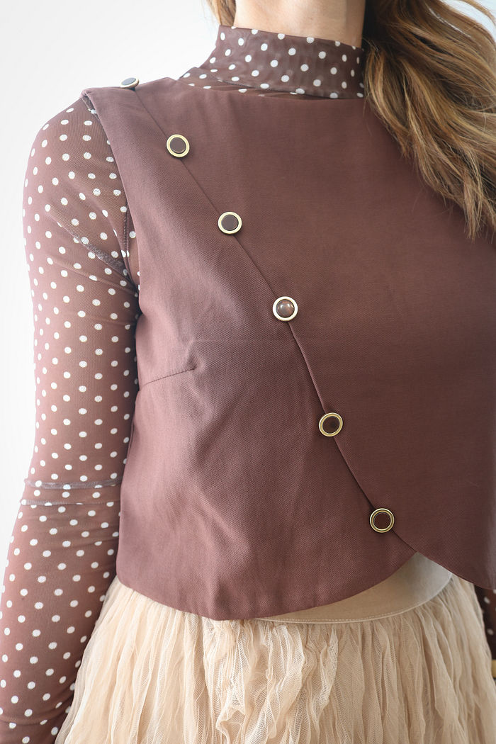 Blusa Tule Manga Longa - Poá Marrom