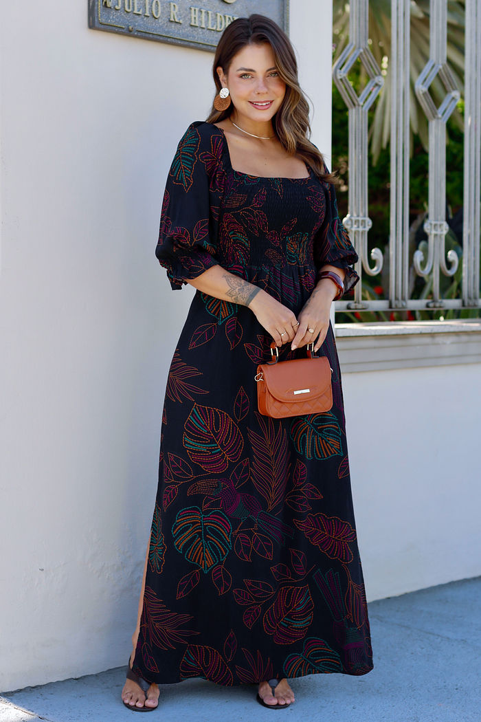 Vestido Ana Júlia Longo - Estampa Folhas Fundo Preto