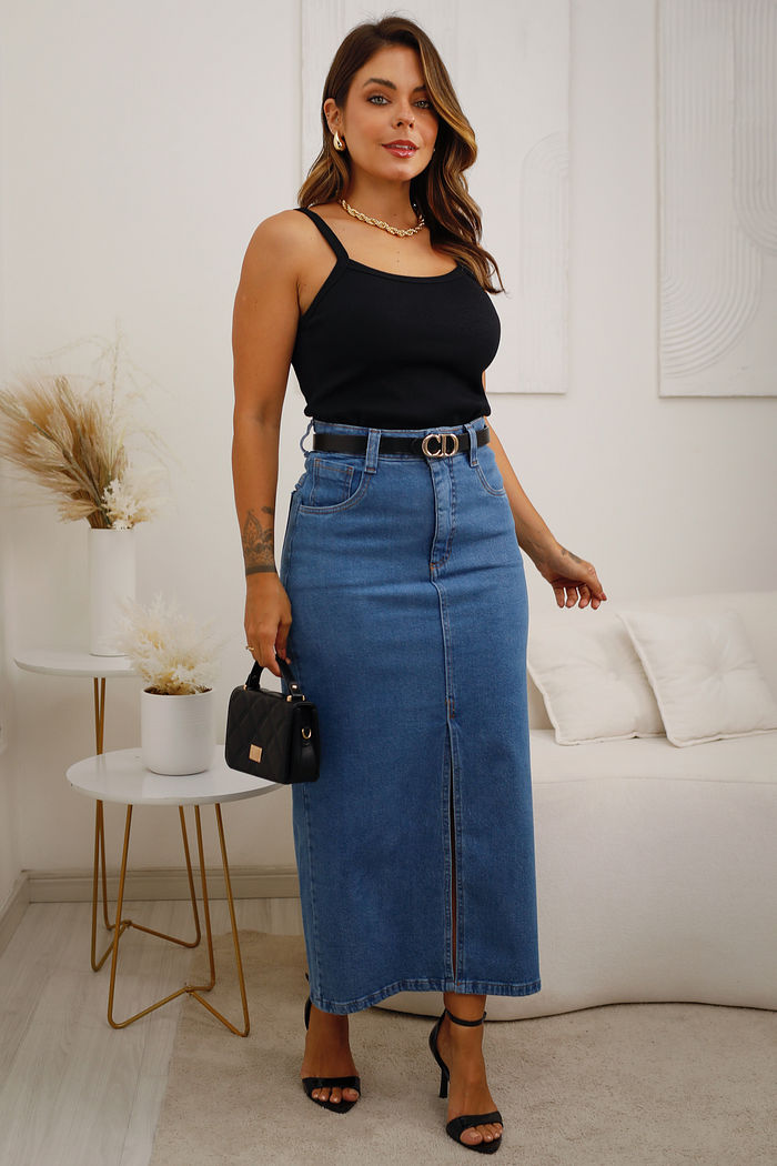 Blusa de Alças Canelado de Algodão com Elastano - Preto - Veste P e M