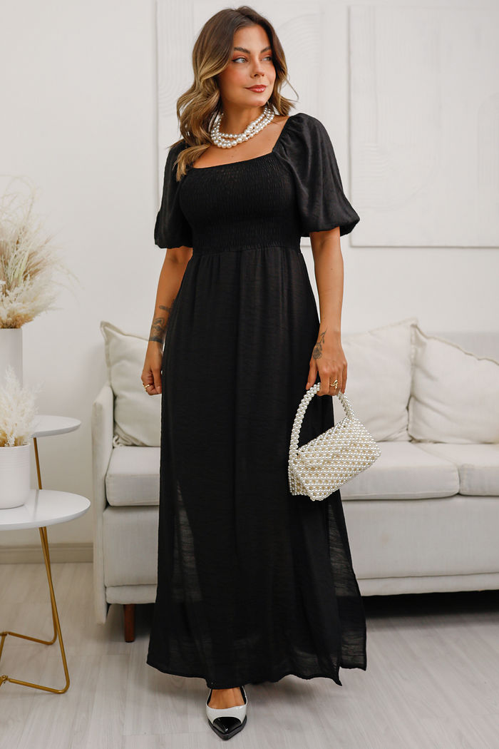 Vestido Ana Júlia - Tecido Plano de Viscose - Manga 3/4 - Preto