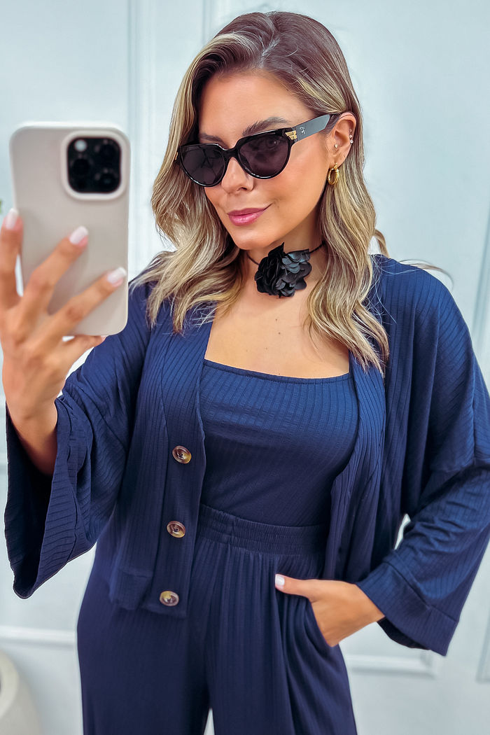 Cardigan Kimono em Canelado de Viscose com Elastano - Marinho