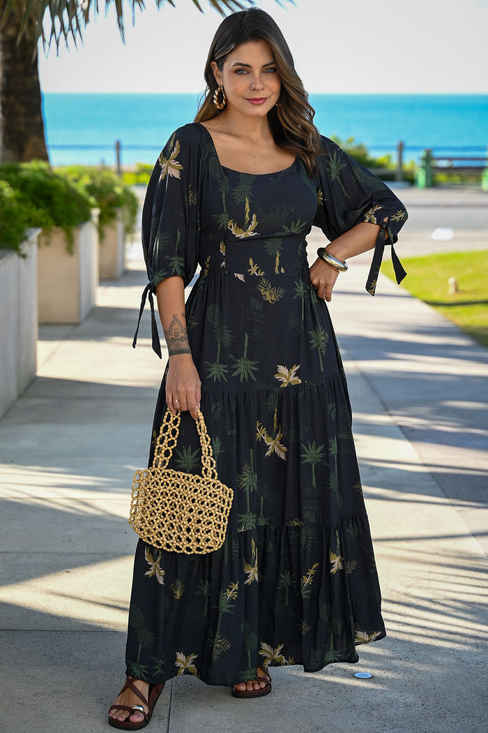 Vestido Letícia - Estampa Coqueiros Fundo Preto