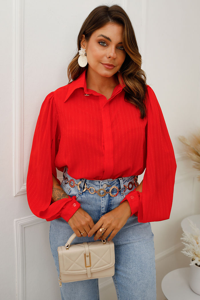 Camisa de Chiffon - Manga Longa - Vermelho