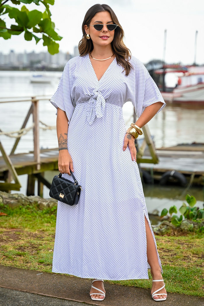 Vestido Laura - Com Forro - Estampa Poá com Fundo Branco