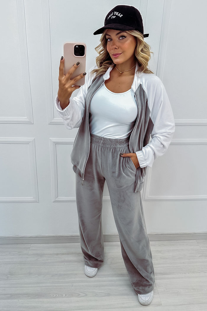 Calça Wide Leg Tecido Aveludado - Cinza