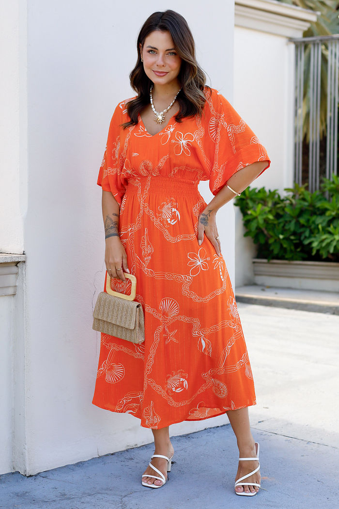Vestido Vanessa Midi com Forro - Estampa Fundo do Mar Laranja
