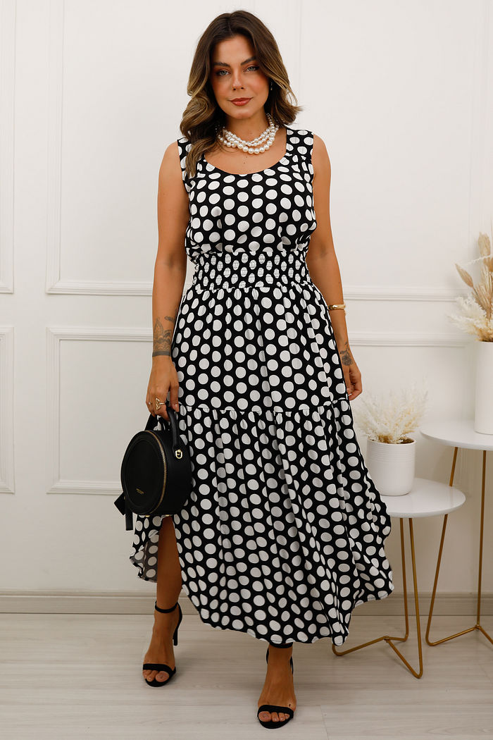 Saia Amarilis- Tecido Plano de Viscose com Cós de Lastéx - Poá Preto e Branco