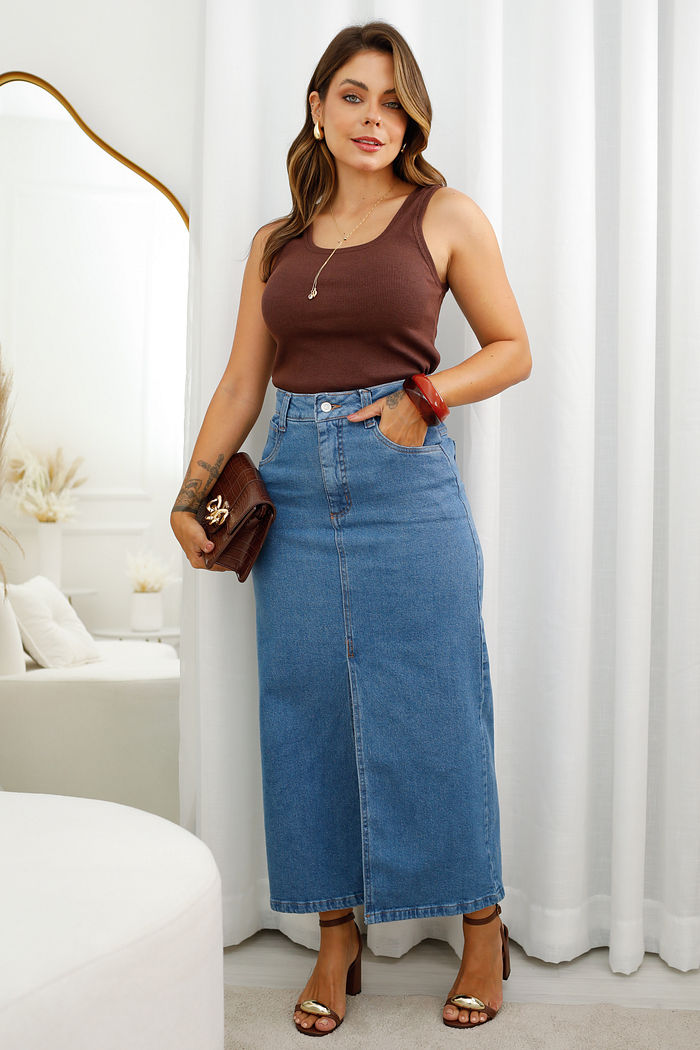 Regata de Canelado de Algodão com Elastano - Marrom - Veste P e M