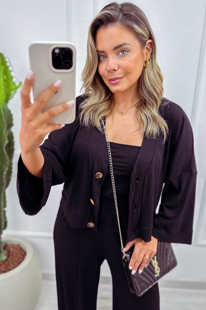 Cardigan Kimono em Canelado de Viscose com Elastano - Preto