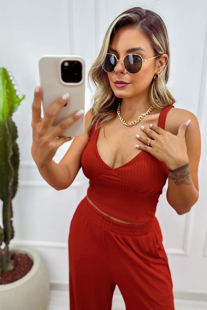 Blusa de Alças Canelado de Viscose com Elastano - Argila