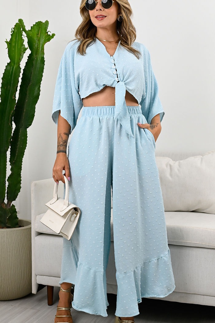 Calça de Tecido Plano Crepe Poá - Yasmin - Azul Claro