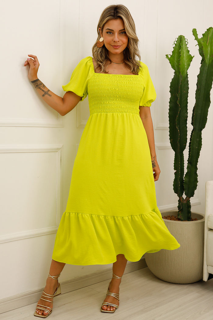 Vestido Mariane em Tecido Plano de Viscose - Verde Ácido