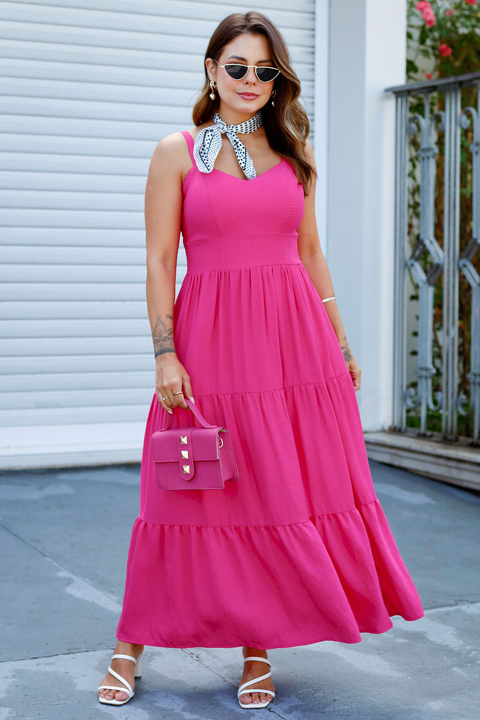 Vestido Lunna Midi Tecido Plano de Viscose e Alças Reguláveis - Pink