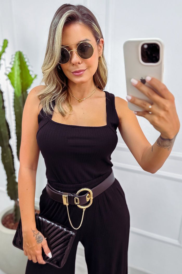 Blusa Decote Quadrado Canelado de Viscose com Elastano - Preto