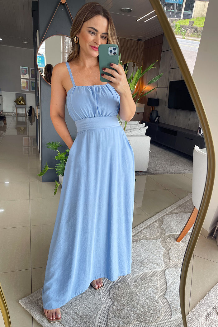 Vestido Iris de Tecido Plano de Viscose com Bojo e Forro - Azul