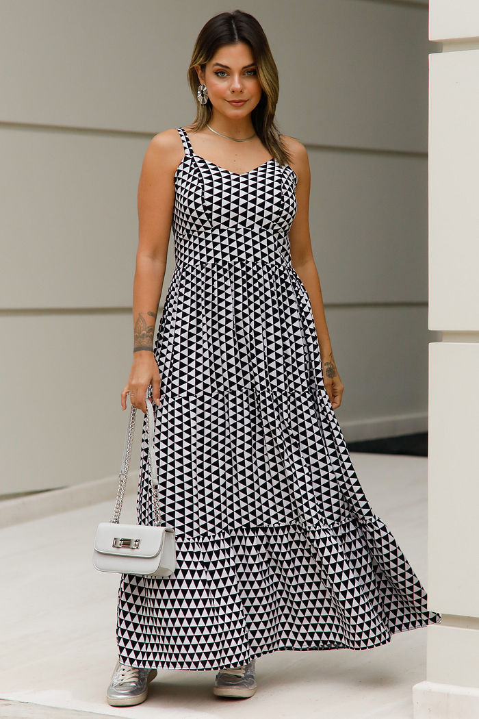 Vestido Lunna em Tecido Plano de Viscose com Alças Reguláveis - Midi Longo - Geométrico Preto e Branco