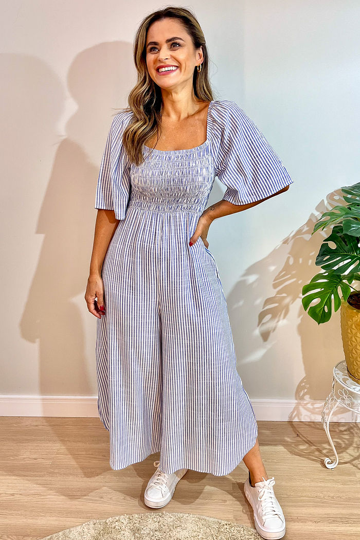 Macacão Laura - Listras Azul e Branco