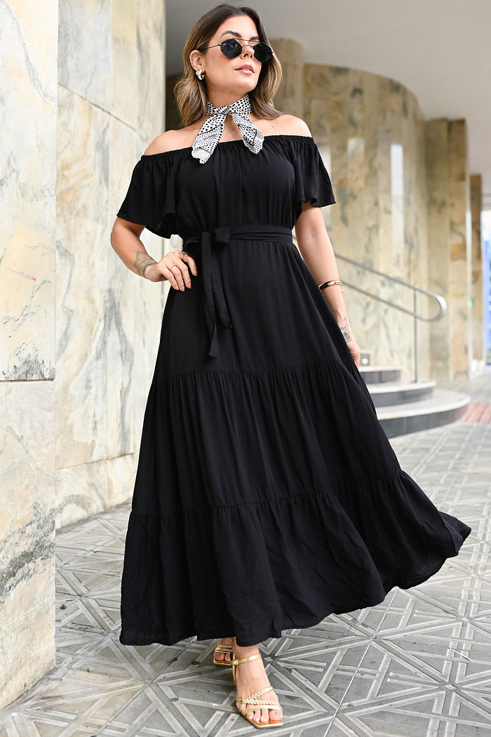 Vestido Ariana em Tecido Plano de Viscose - Com Cinto - Preto