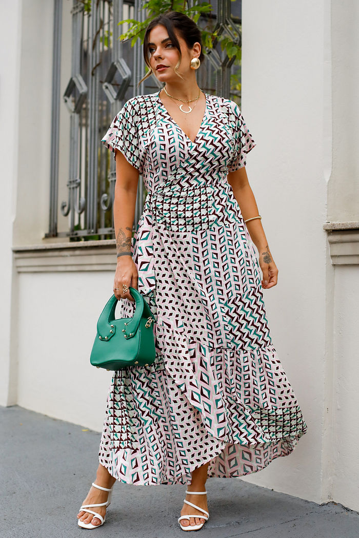 Vestido Dany - Tecido Plano de Viscose - Estampa Geométricos em Tons Suaves