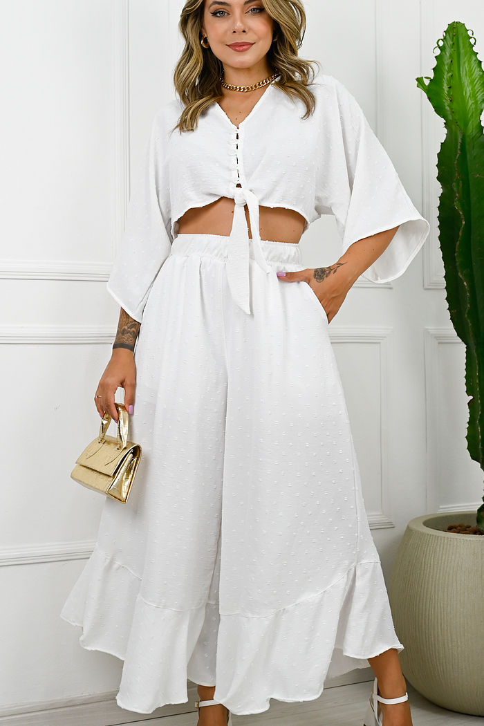 Calça de Tecido Plano Crepe Poá - Yasmin - Off White com forro