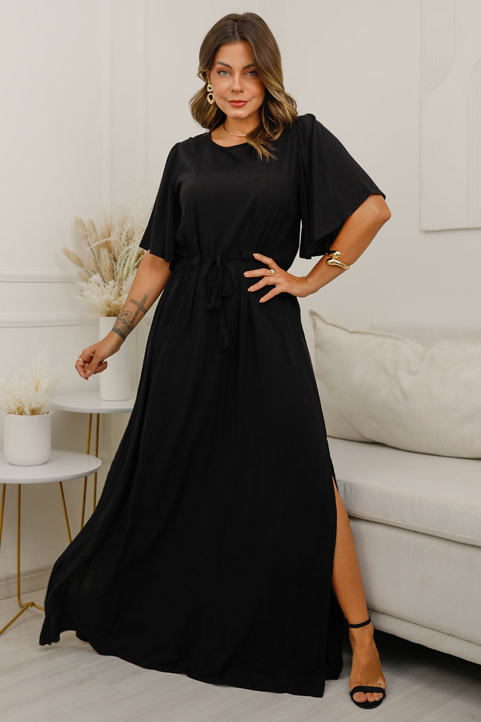 Vestido Bella - Longo - Tecido Plano de Viscose com Cinto Ajustador - Preto