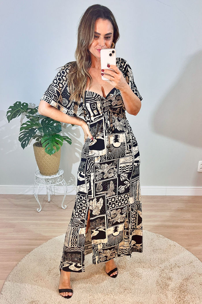 Vestido Nina em Tecido Plano de Viscose - Estampa Copacabana com preto e off-white