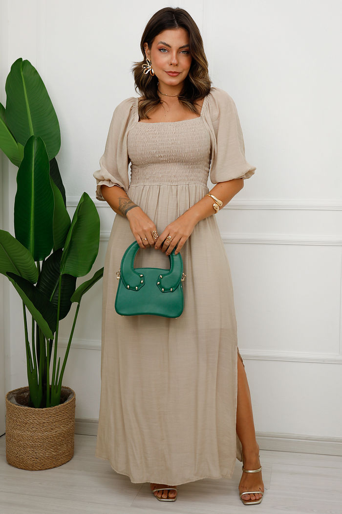 Vestido Ana Júlia - Tecido Plano de Viscose - Manga 3/4 - Bege