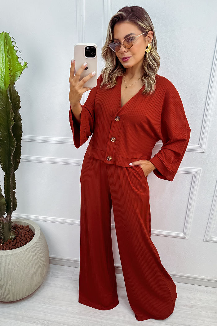 Cardigan Kimono em Canelado de Viscose com Elastano - Argila